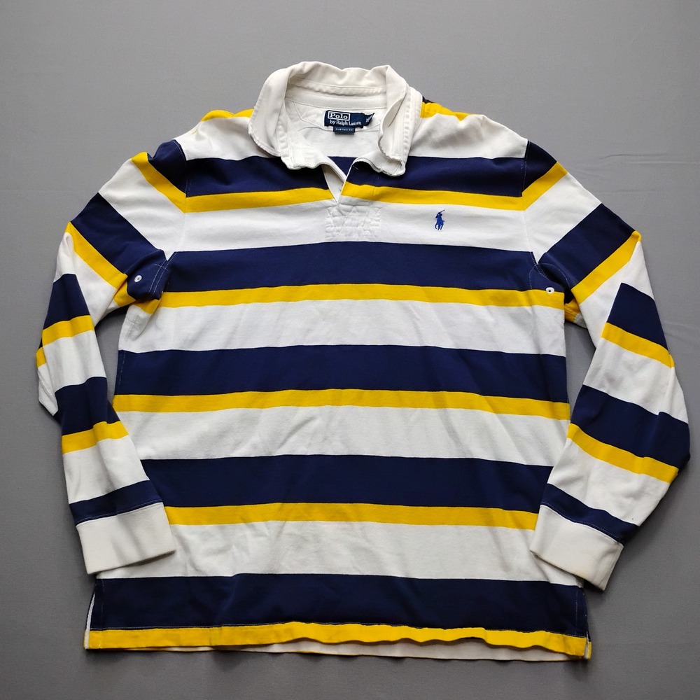 Polo Ralph Lauren Mens Rugby Shirt XL Blue Yellow White Striped Long Sleeve